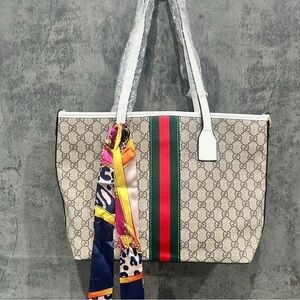 Beige Tote with Red and Green Stripe